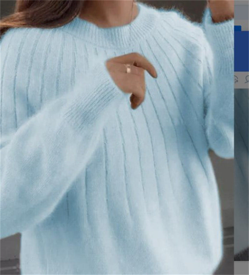 Womens Solid Color Short Pullover with Round Neck Loose Fitting Outerwear and Base Layer Knit Top
