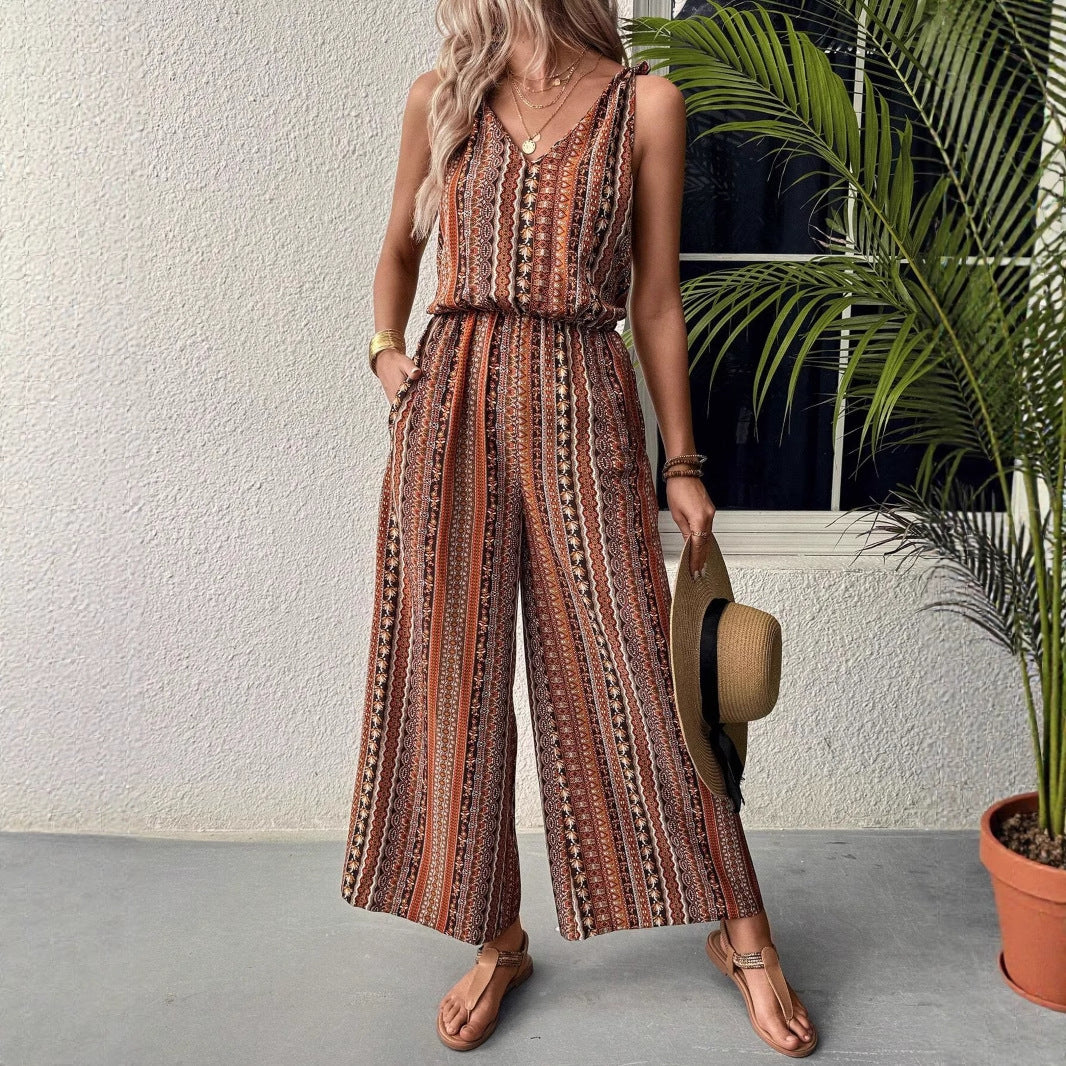 Casual Striped Wide-Leg Jumpsuit with Straps & Elastic Waist
