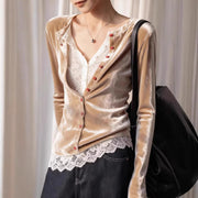 Elegant Lace-Detail Faux Two‑Piece Long Sleeve Top – Slim Fit