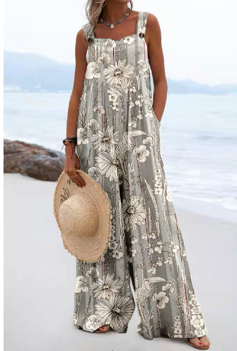Chic Digital Print Button Romper with Wide Legs