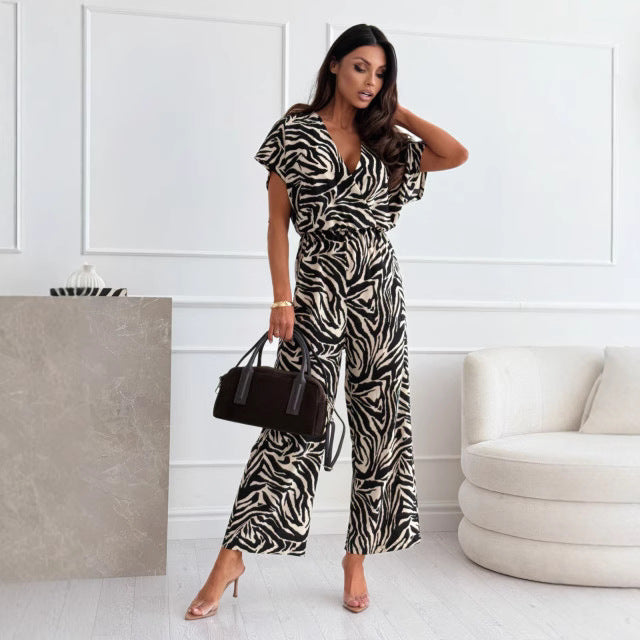 Leopard Print V-Neck Flounce Sleeve Wide-Leg Jumpsuit