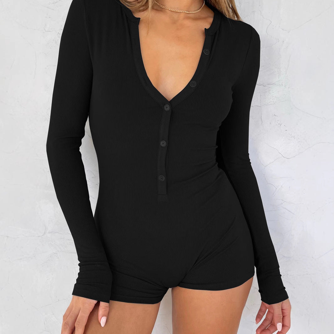 Women's Long-Sleeve Casual Skinny Jumpsuit Shorts
