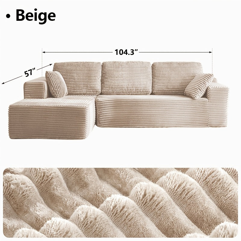 Modular L‑Shape Sectional Sofa with Chaise – Corduroy Fabric, 65" Reclining Chaise, No Assembly Required