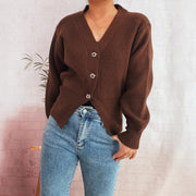 Commute Slim-fit Tight Waist Deep V-neck Metal Button Solid Color Knitted Cardigan Sweater