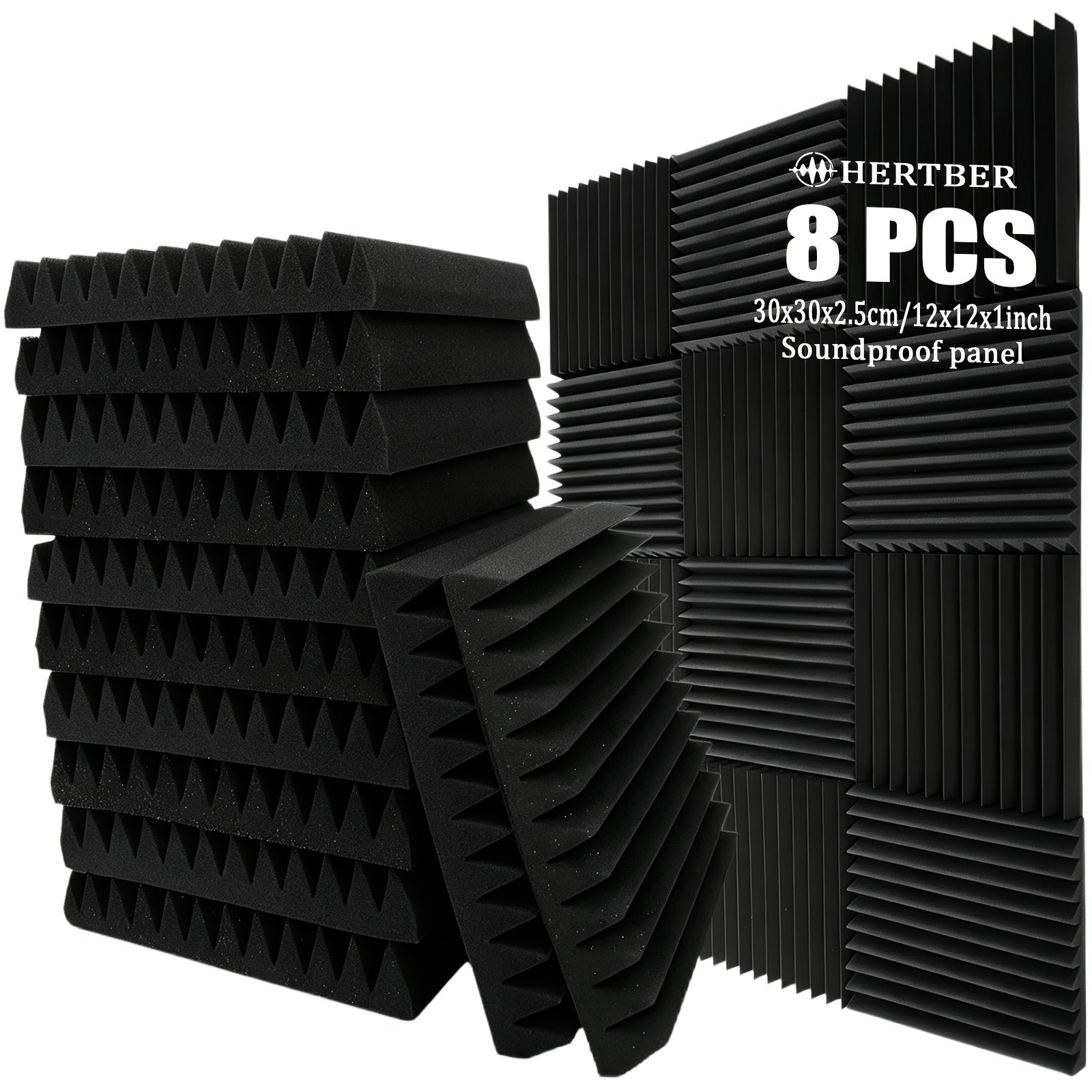 8 pcs Black High-Density Wedge-Shaped Acoustic Foam Panels – 11.81 x 11.81 x 0.98 in, 66.14 lb/ft³