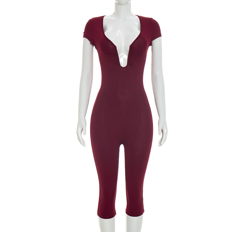 Womens Solid-color Slimming U-neck Jumpsuit