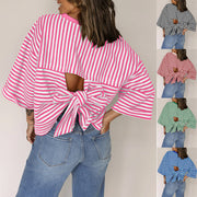 Womens Crew-Neck Striped Knitted Top With Back Tie Bow