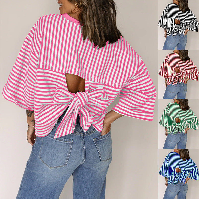 Womens Crew-Neck Striped Knitted Top With Back Tie Bow