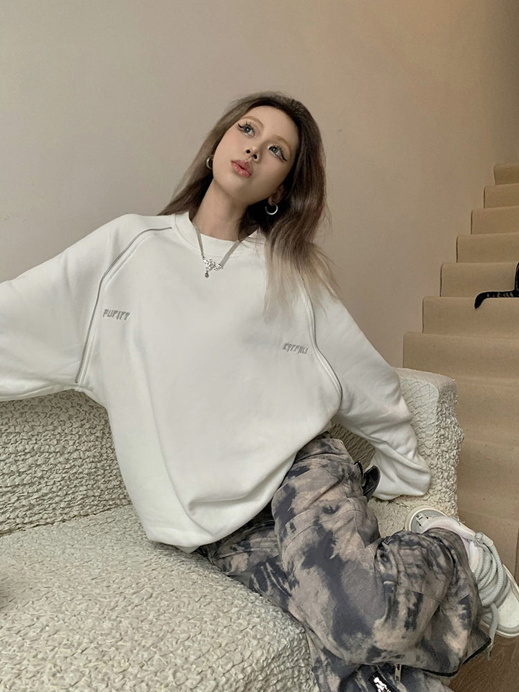 Retro American Loose Fleece Pullover Top