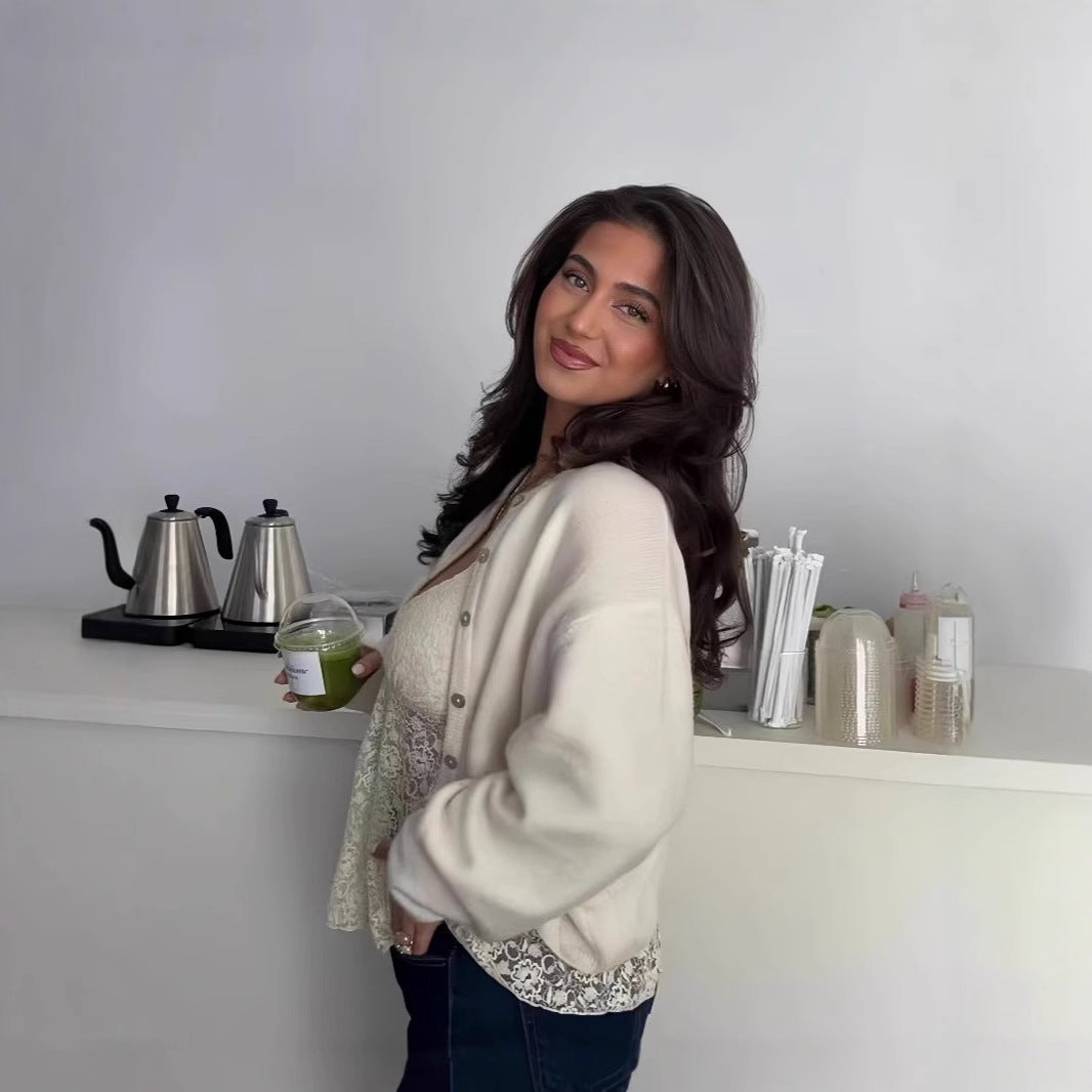 Natural Shell Button Simple and Thin Round Neck Velvet Cardigan Women's Sweater