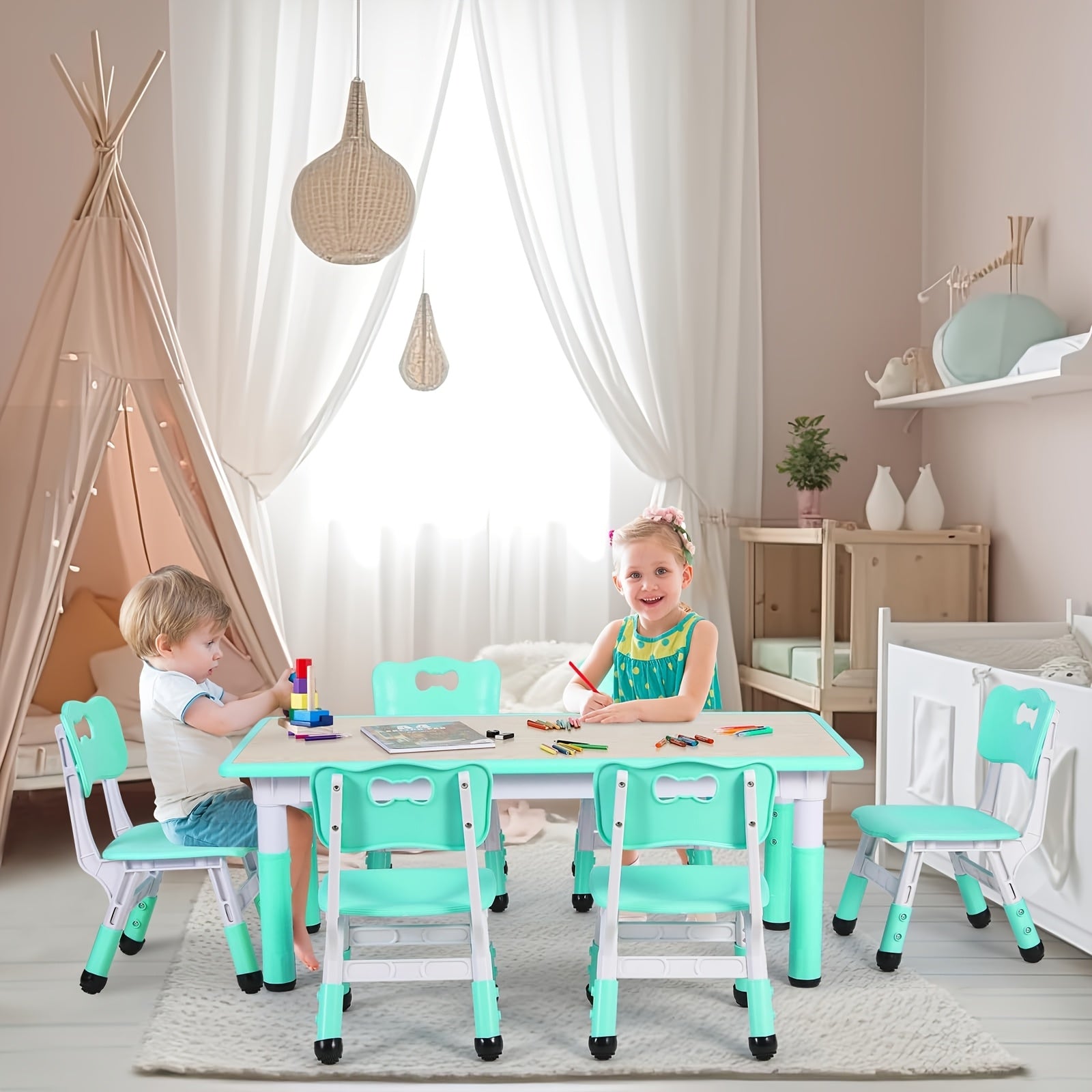[Halloween Christmas Gifts] Adjustable Tables And 6 Chair Suits, Game Activity Table Sets With Graffiti Desktop, Preschool Table For Reading, Drawing, Eating, For Boys And Girls Halloween Christmas Gifts