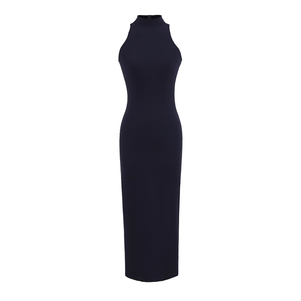 Womens Slit Sleeveless Turtleneck Casual Dress