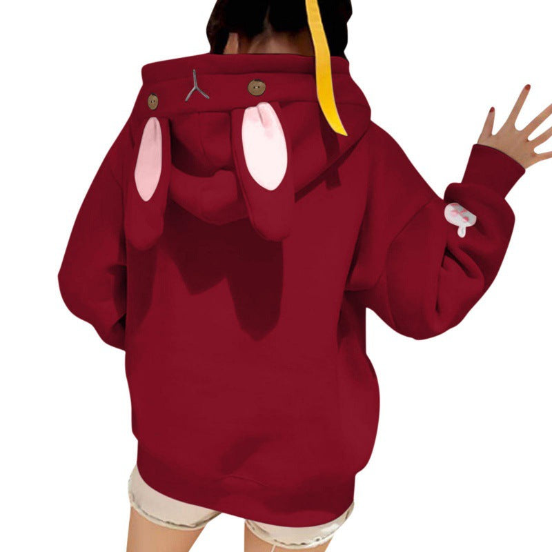 Cute Bunny Ear Embroidered Pocket Fleece Hoodie for Women