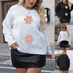 Loose Casual Knit Sweater for Women with Diamond Jacquard Floral Embroidery and Beaded Details