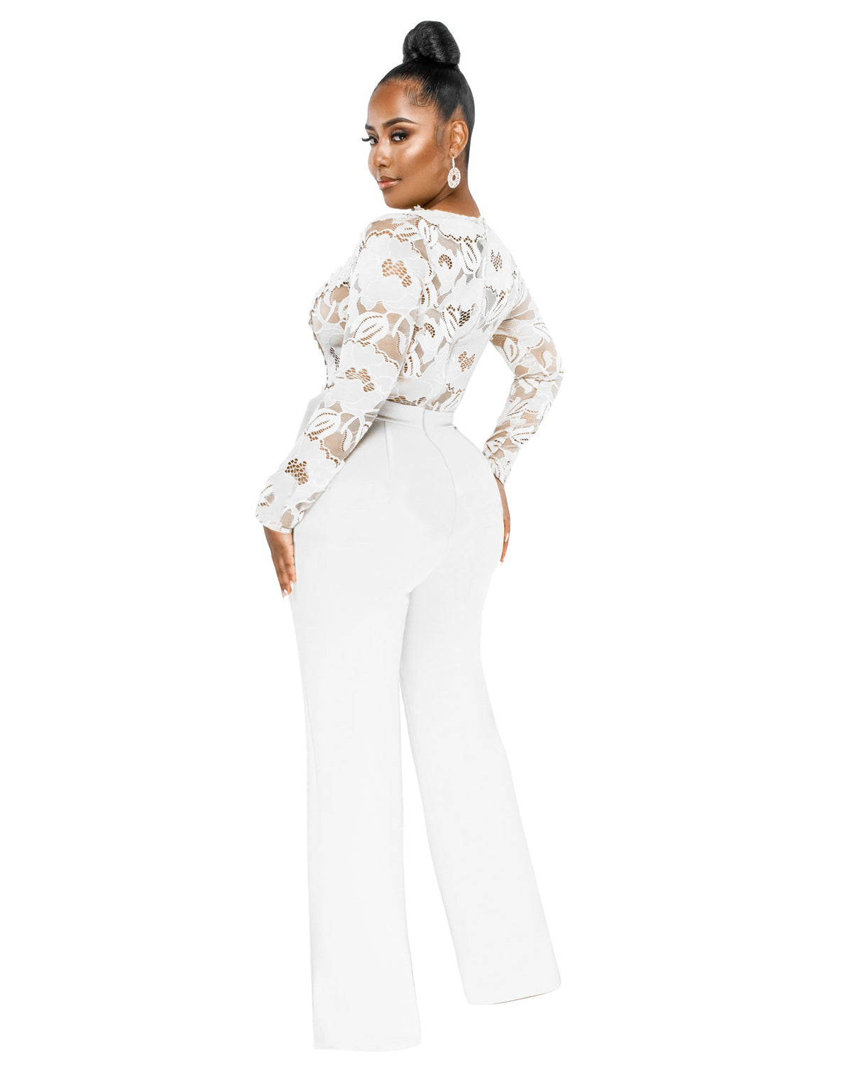 Women's Casual V-Neck Lace See-Through Slim Jumpsuit