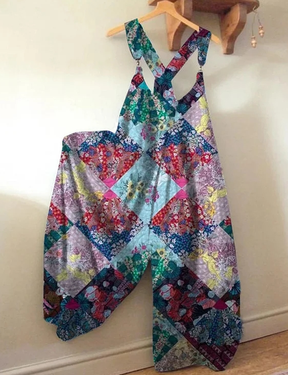 Bohemian Style Colorful Patchwork Overalls Wide-leg Jumpsuit For Women
