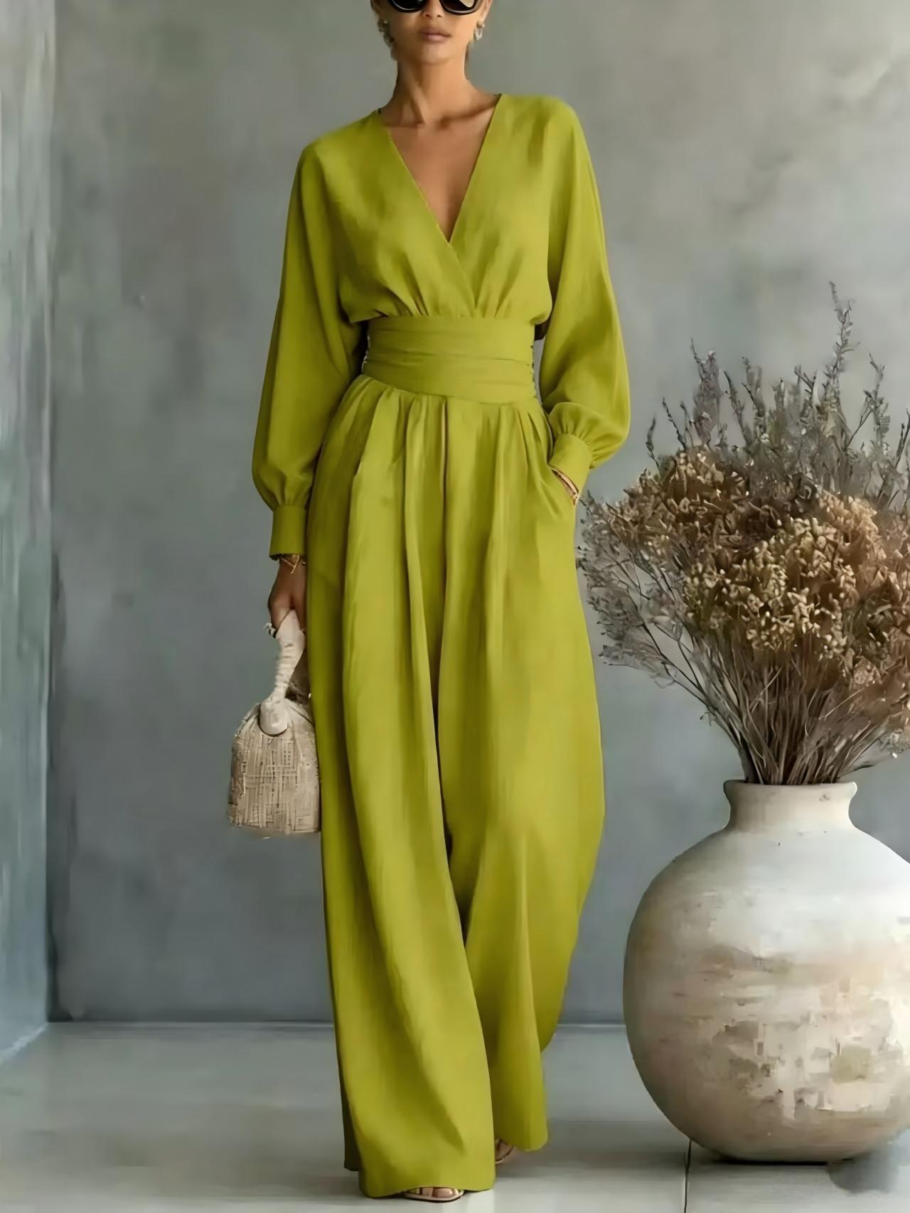 Fitted-waist V-neck Long-sleeve Womens Solid-color Jumpsuit