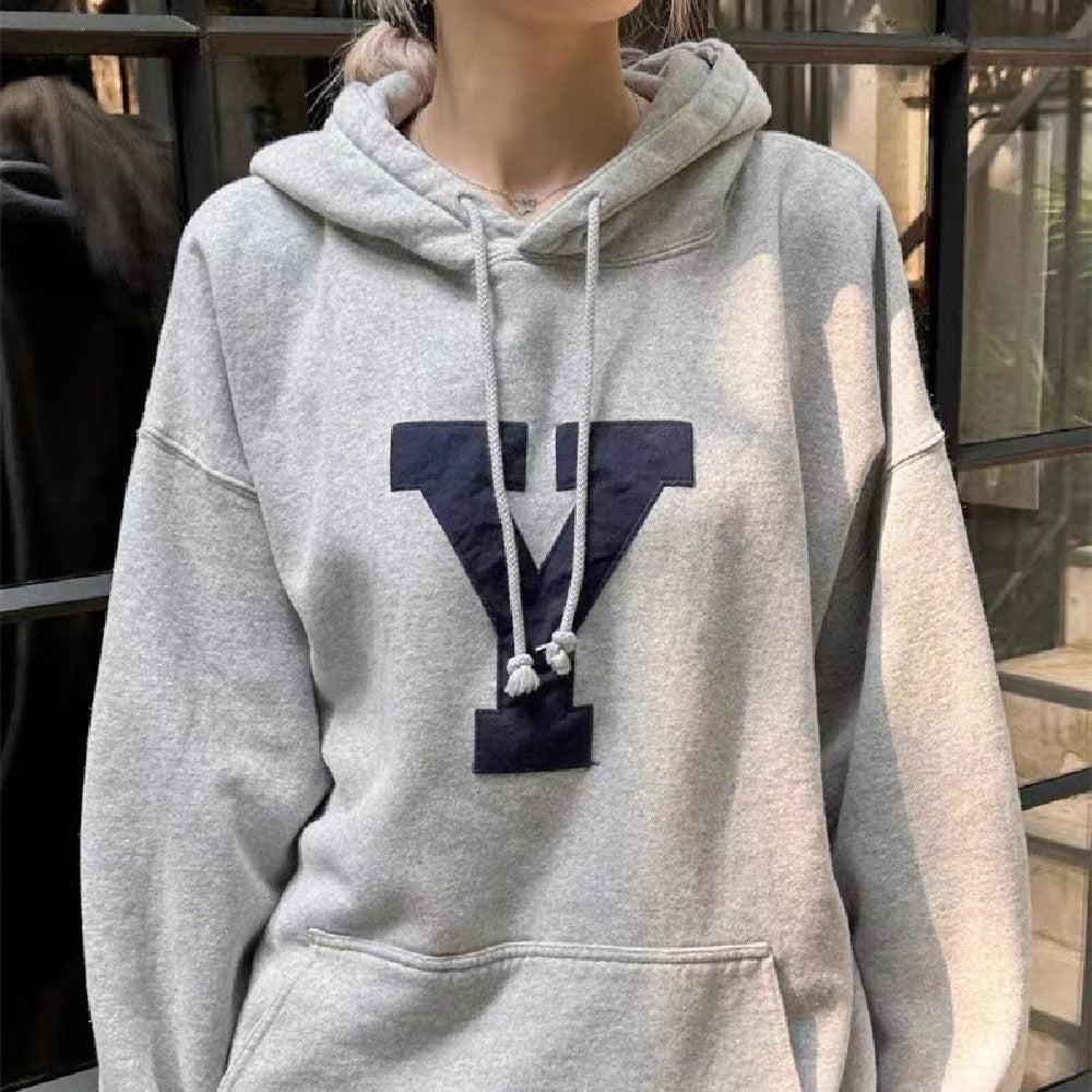 Women's Gray Letter Patch Pullover Hooded Sweatshirt