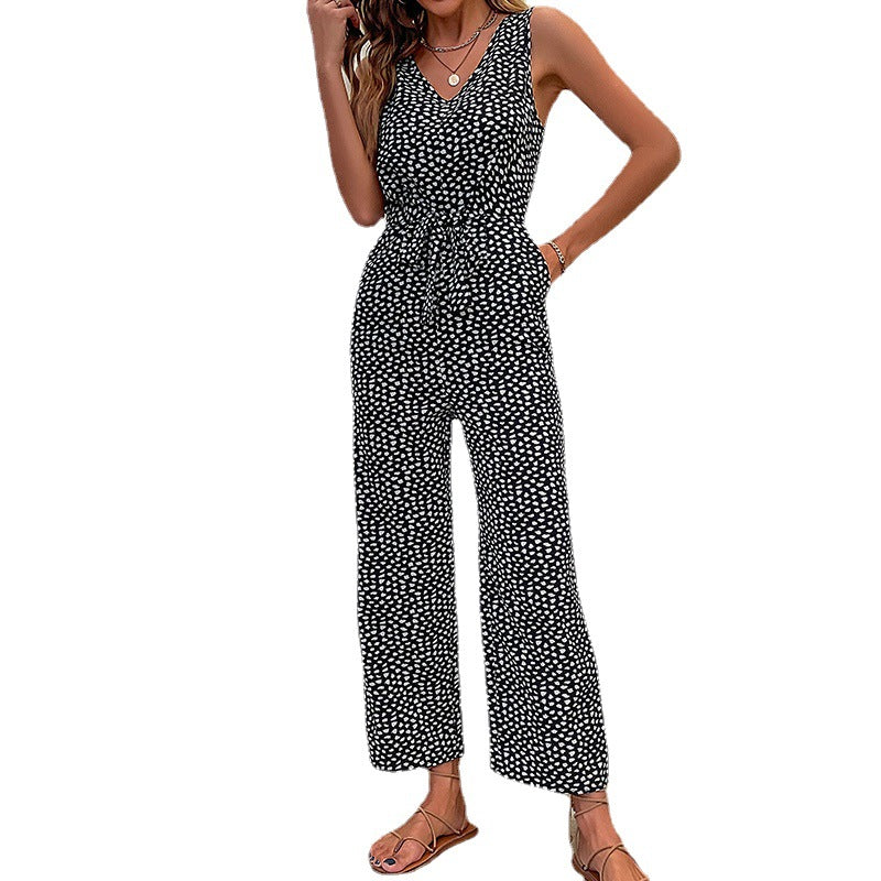 European And American-style Casual Sleeveless Leopard-print Jumpsuit