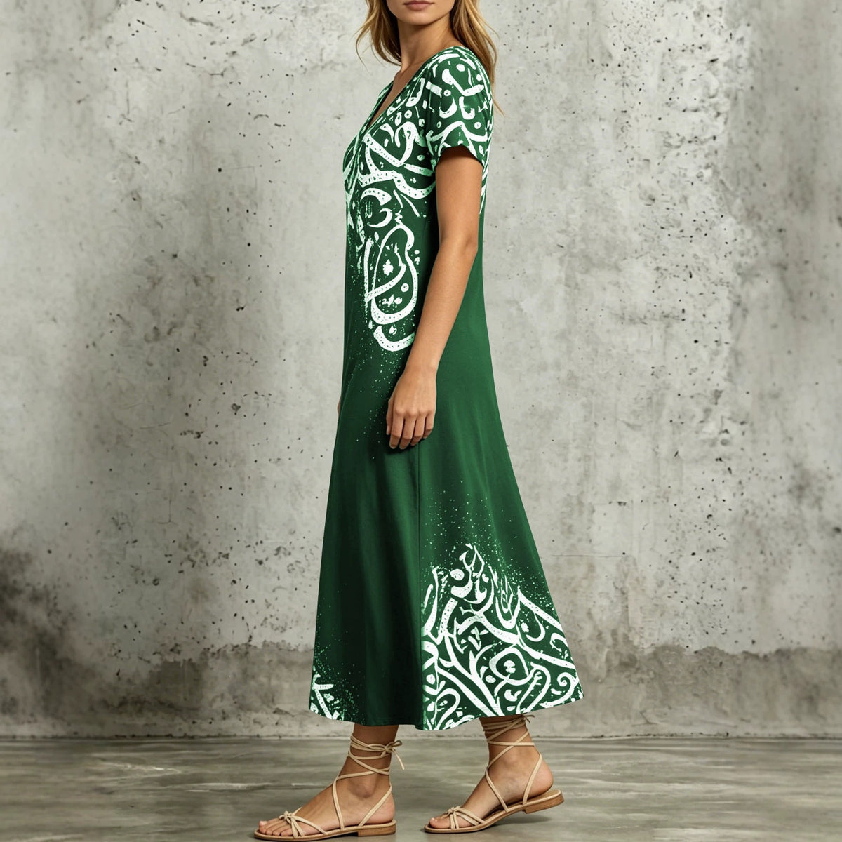 Summer Gradient Ethnic Print Dress Short Sleeve Loose Fit Draping F…