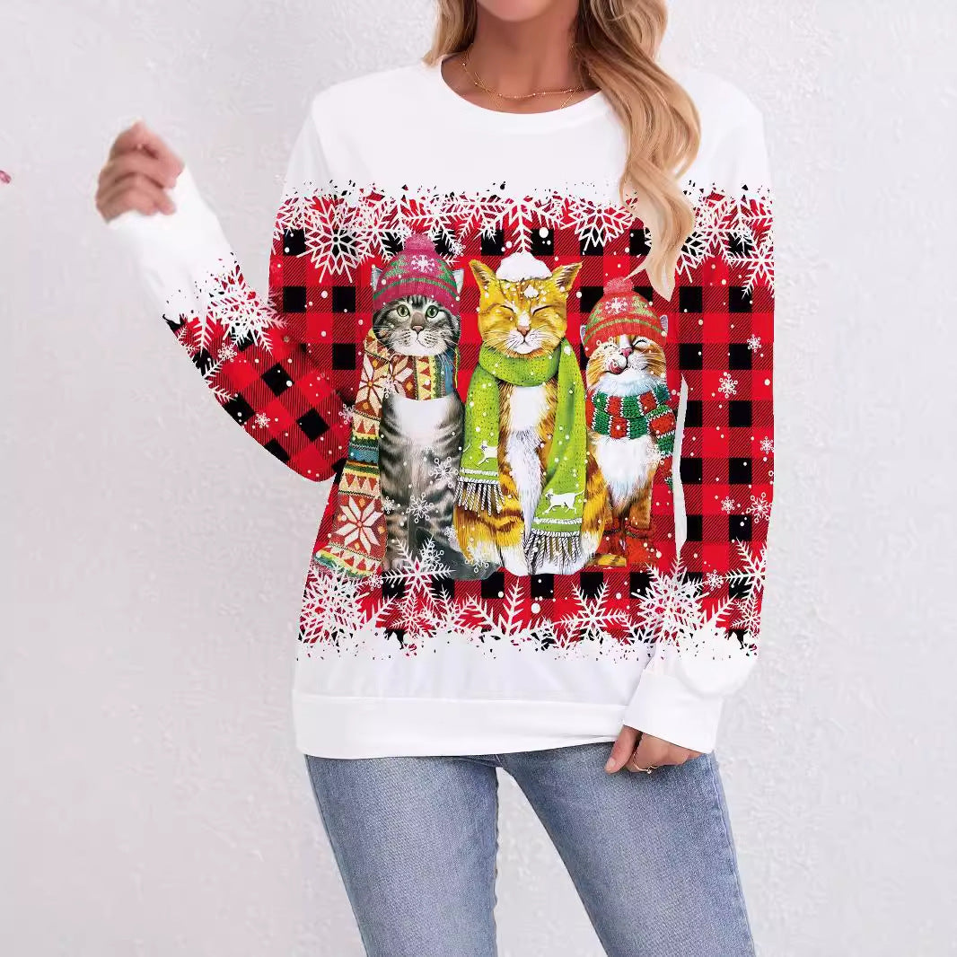 Festive Christmas Cat Print Crew Neck Pullover Sweatshirt