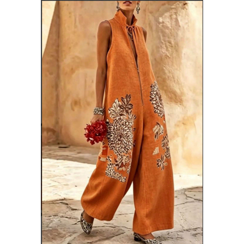 Stand-collar Sleeveless Casual Wide-leg Cotton-linen Jumpsuit
