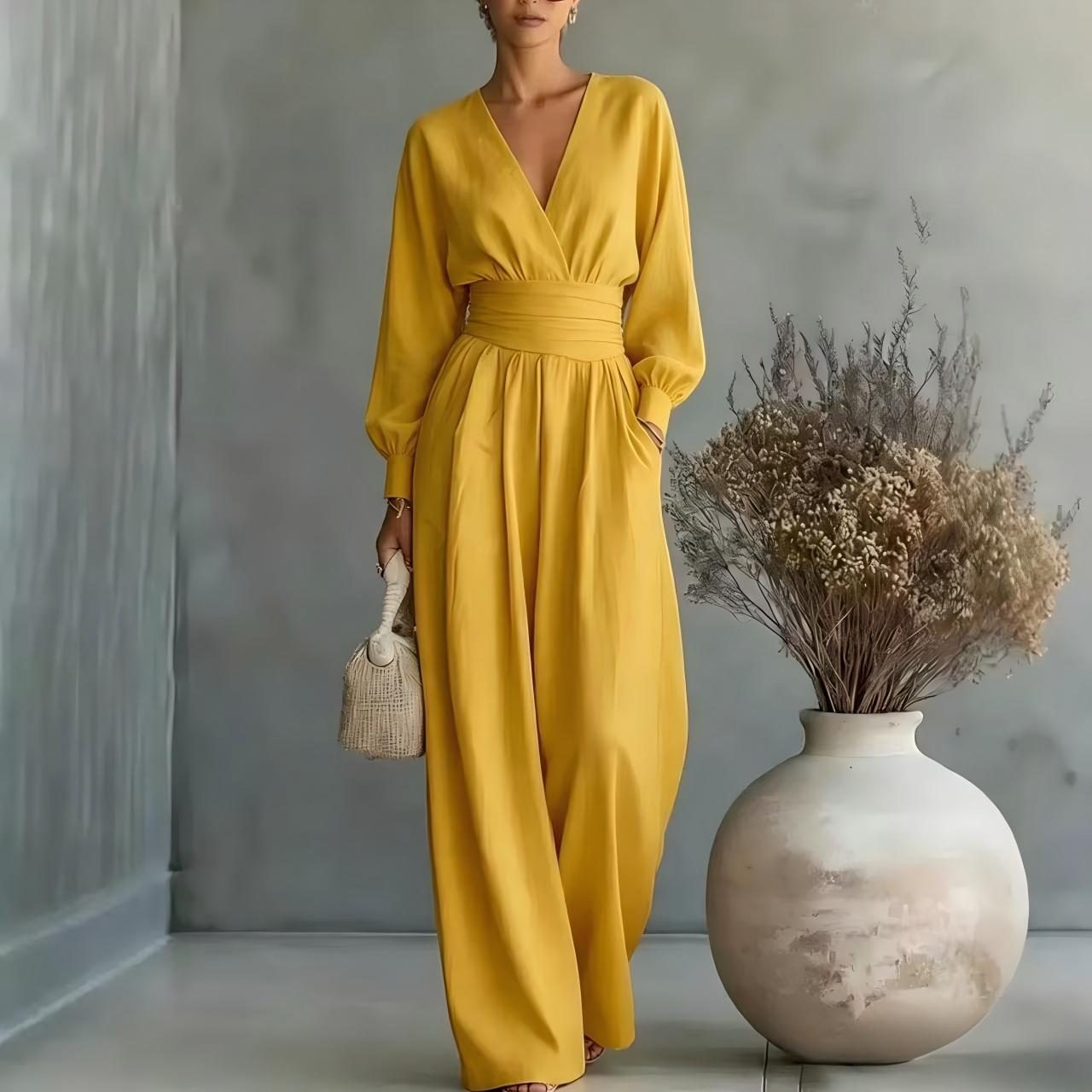 Fitted-waist V-neck Long-sleeve Womens Solid-color Jumpsuit