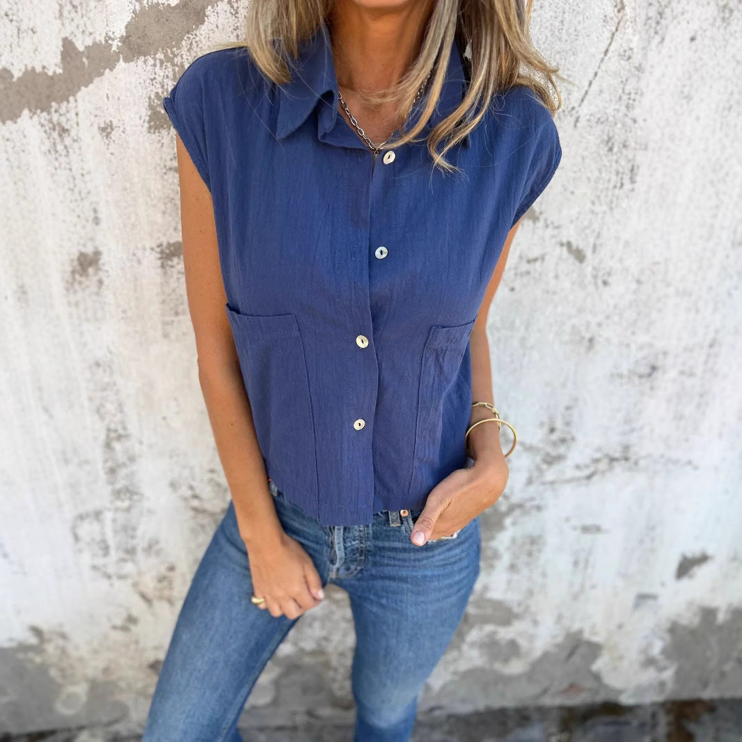 Relaxed Fit Cotton‑Linen Short‑Sleeve Pocket Shirt – Women
