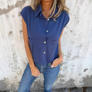 Relaxed Fit Cotton‑Linen Short‑Sleeve Pocket Shirt – Women