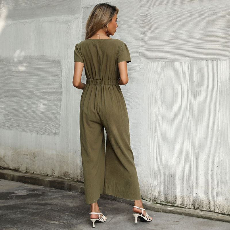 Women's V-Neck Cropped Wide-Leg Jumpsuit
