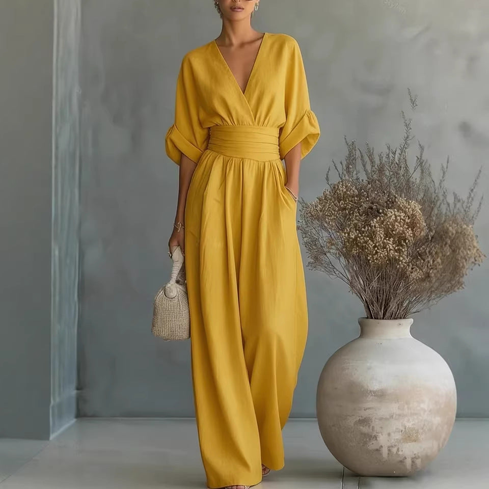 Elegant V-Neck Wide-Leg Waist-Cinching Jumpsuit