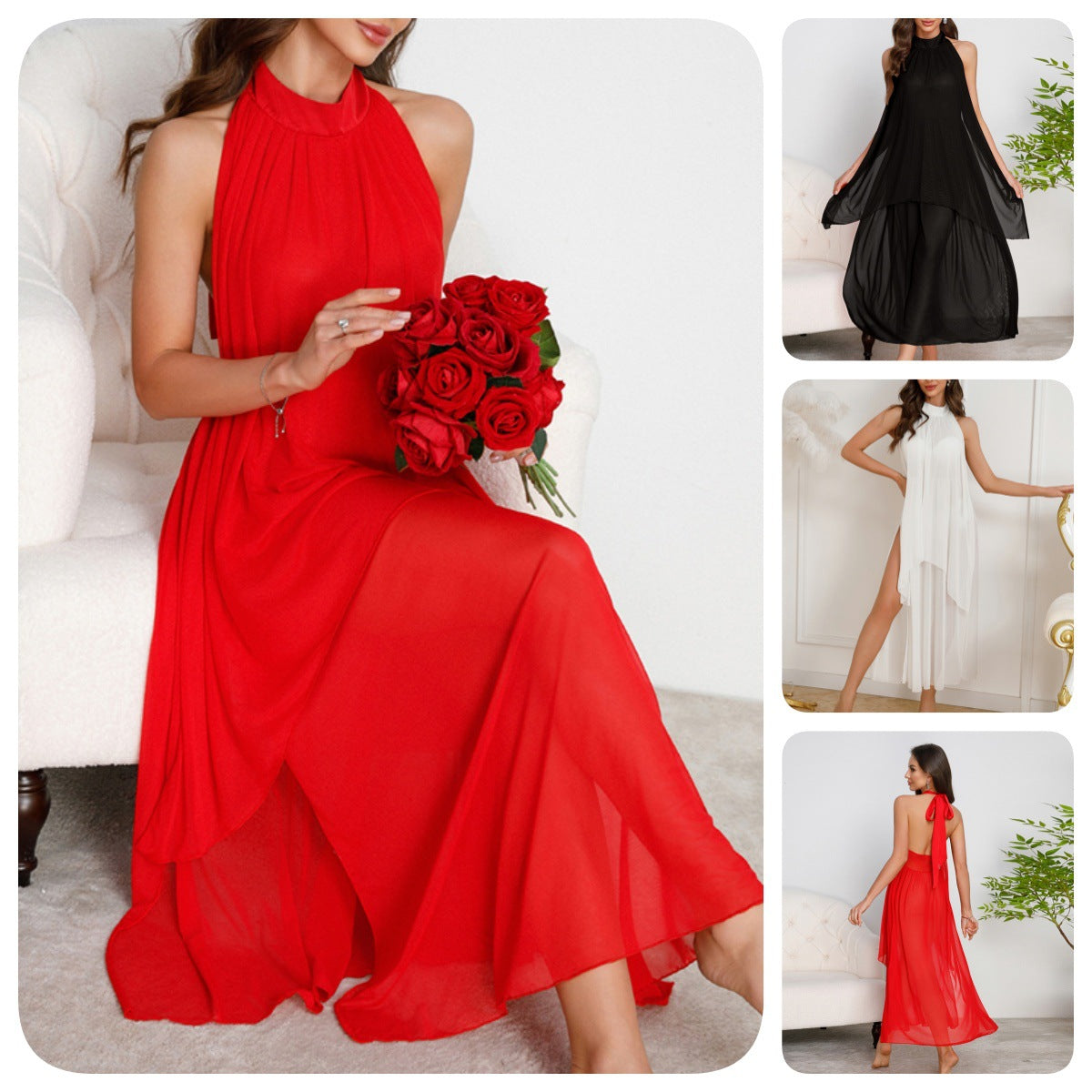 Multi-colored Mesh Halter-neck Nightdress