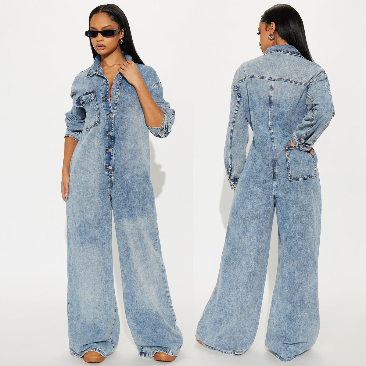 Stretchy Washed Denim Long-Sleeve Flared Jumpsuit