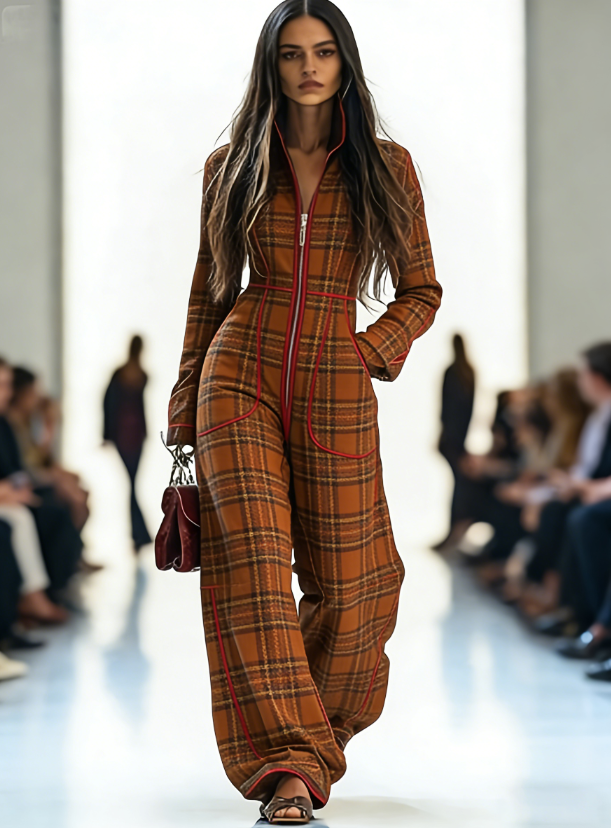 Zippered Long-Sleeve Casual Wide-Leg Jumpsuit