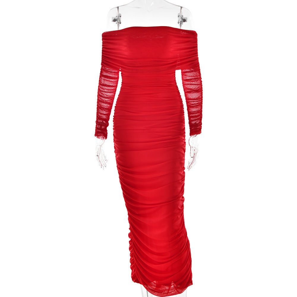 Mesh Off Shoulder Pleated Dress