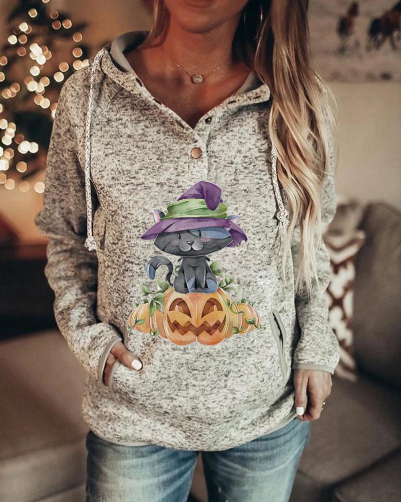 Retro Animal Nature Print Button Hoodie