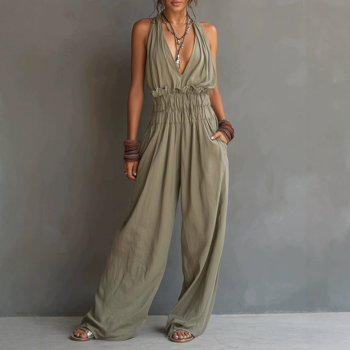 Halter V-Neck Waist-Cinching One-Piece Jumpsuit