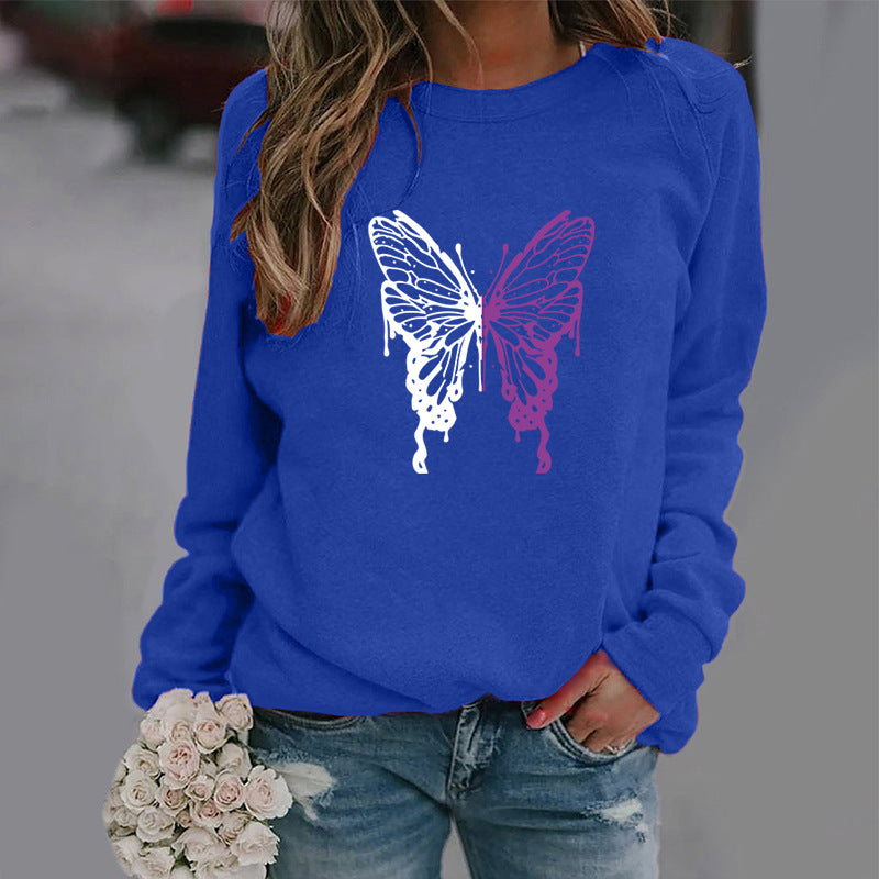 Butterfly Print Sports Pullover Round Neck Sweater