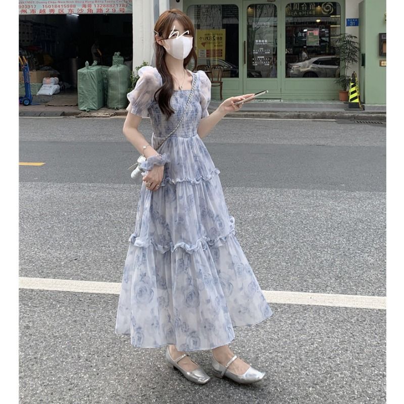 Afternoon Tea Dress with Bubble Sleeves and Floral Print