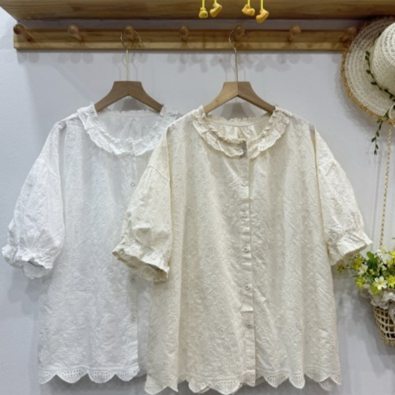 Turn-down Collar Japanese-style Cotton-linen Short-sleeve Shirt