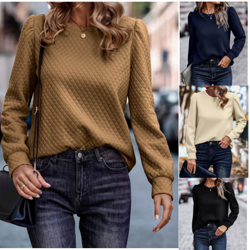 Women's Plaid Bubble Long Sleeve Round Neck Top
