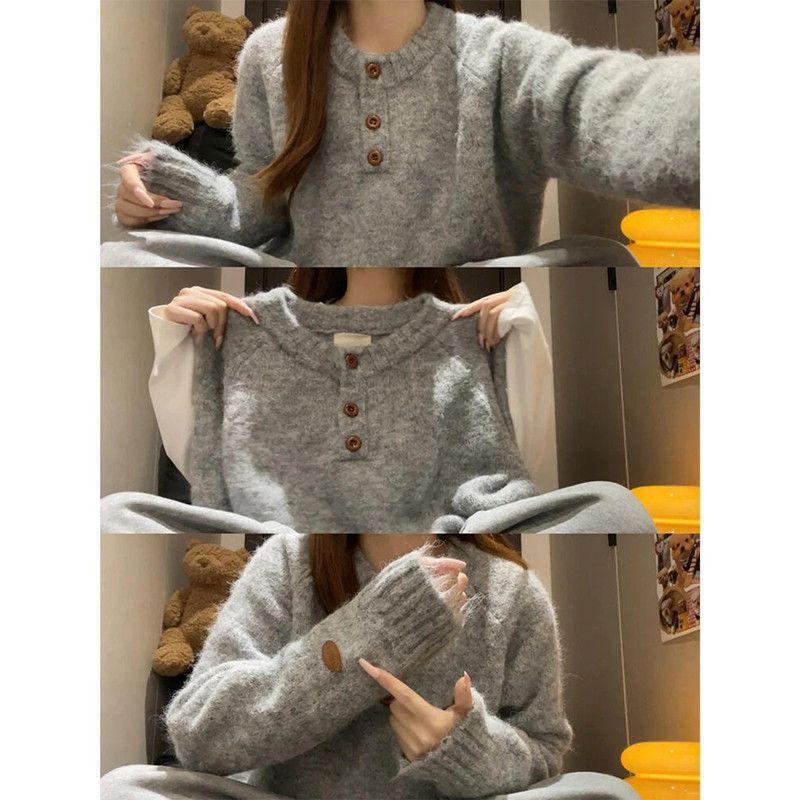 Korean-style Relaxed-fit Off-shoulder Crew-neck Cropped Sweater for Outerwear