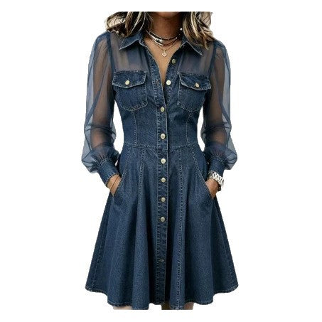 Faux Denim Patchwork Mesh Long Top