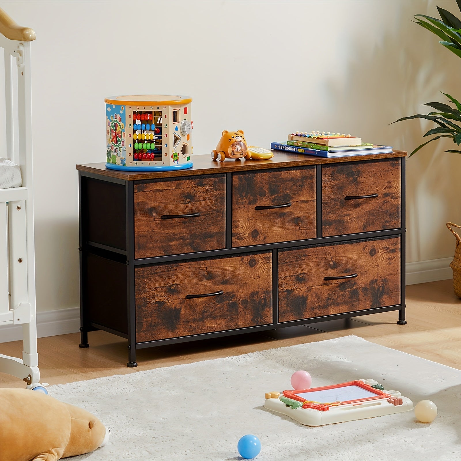 5-Drawer Low Chest Dresser with Fabric Drawers and Removable Bins