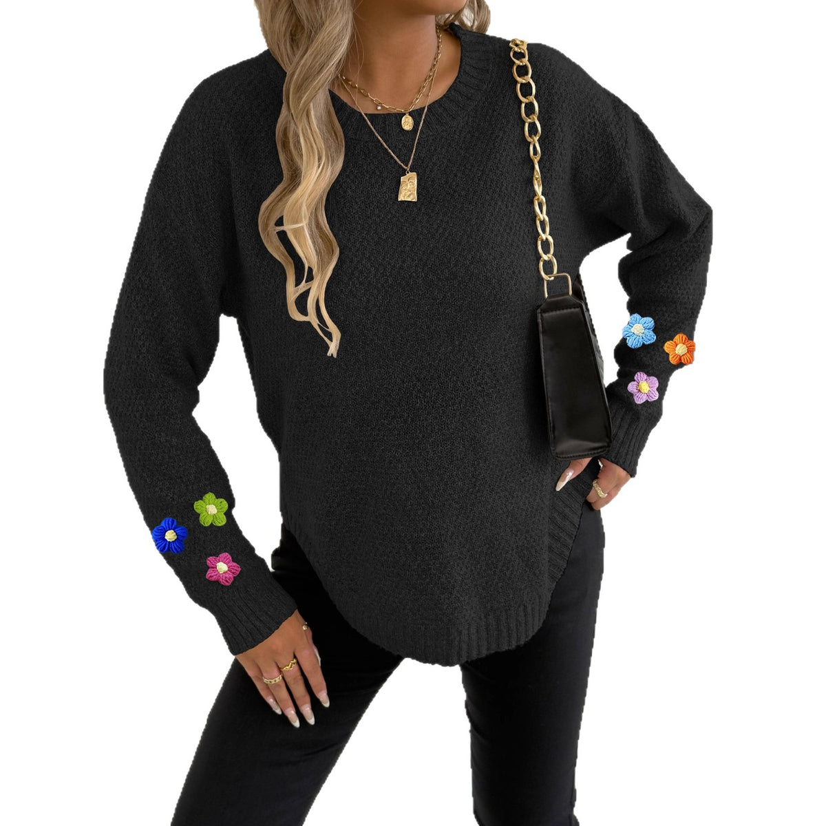 Hand-knitted Floral Patchwork Long-sleeve Crew-neck Pullover