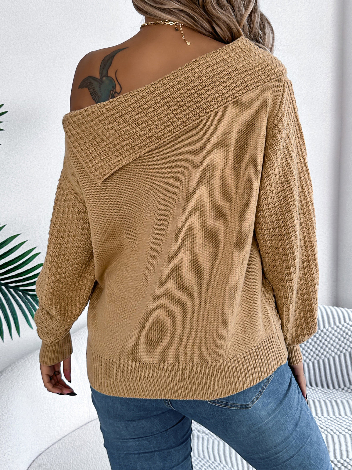 Women Casual Sexy Lapel Off-shoulder Cable Knit Long Sleeve Pullover Sweater