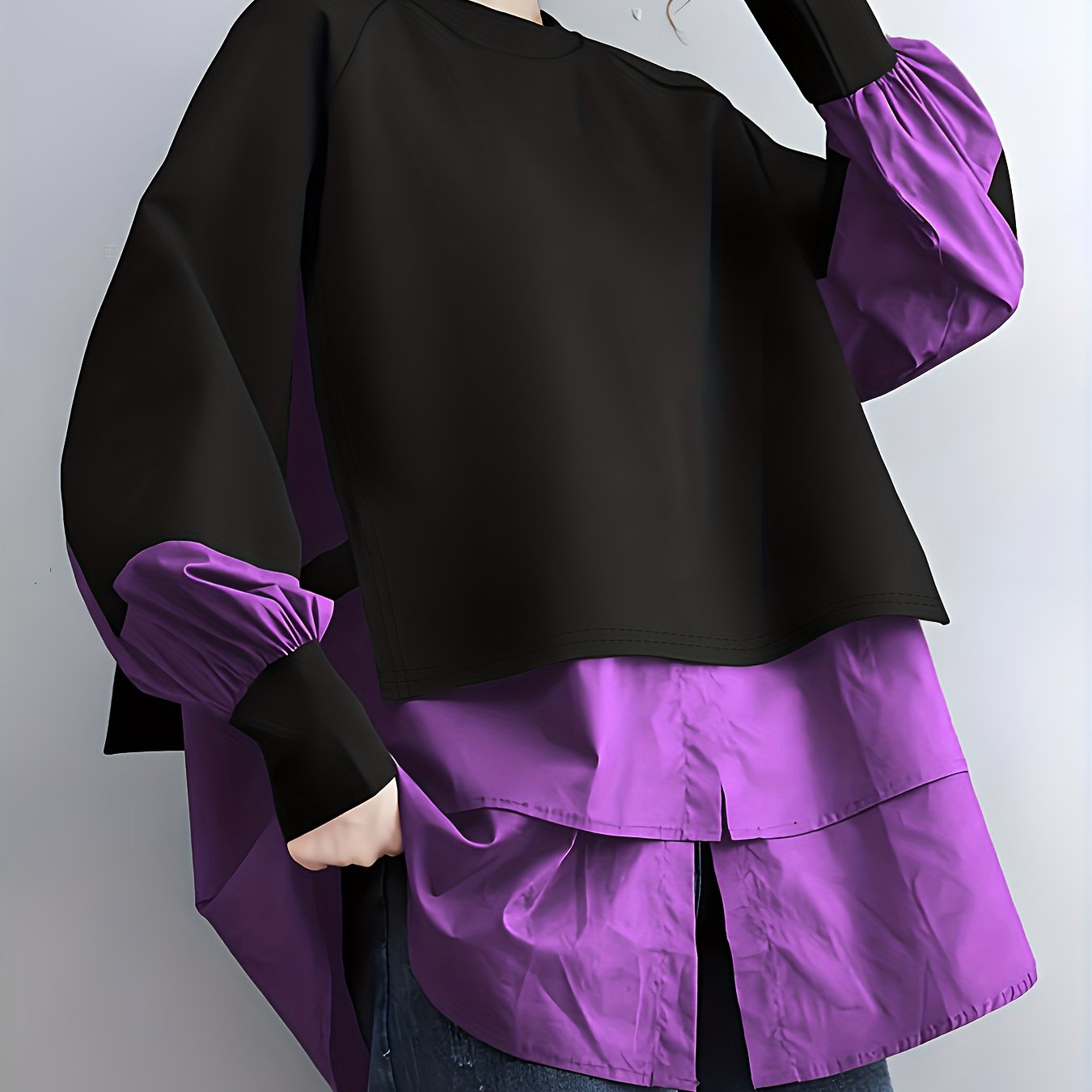 Plus Size Patchwork Long-Sleeve Sweatshirt with Round Neck