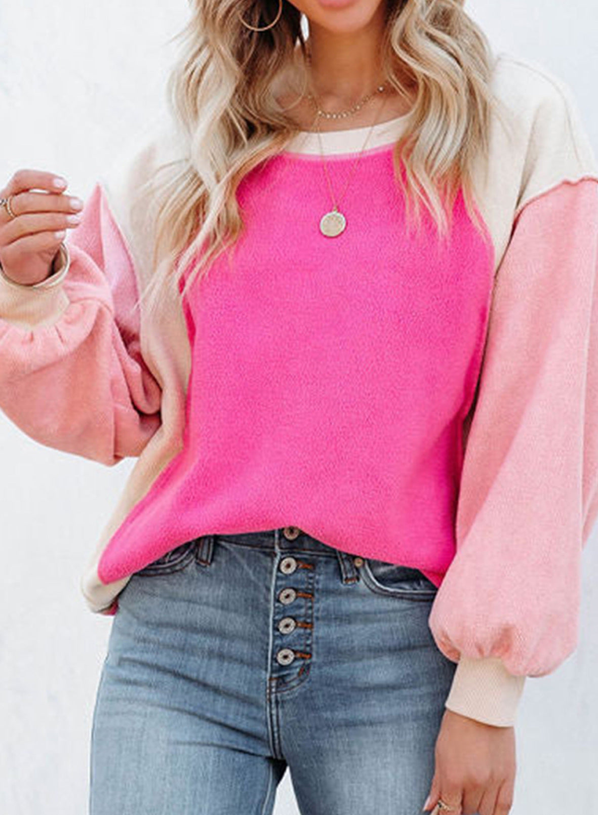 Cozy Colorblock Fleece Lantern Sleeve Pullover Top