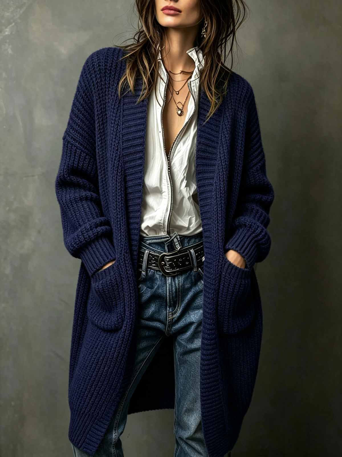 Western-style Breezy Pocket Cardigan Sweater