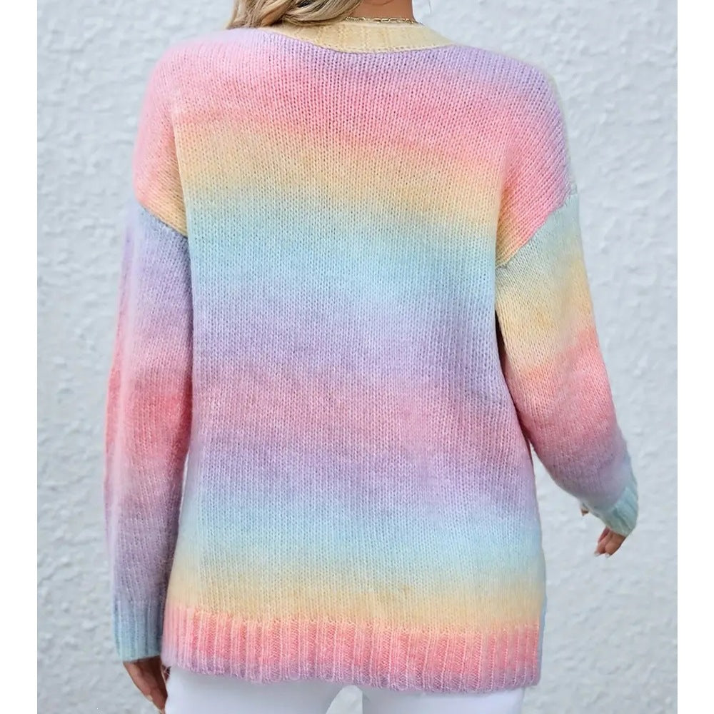Rainbow Gradient Color Cable-knit Womens New Loose Midi Sweater